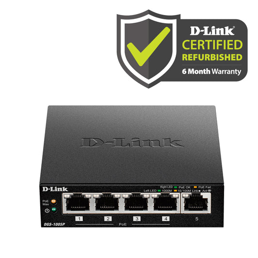 D-Link [Certified Refurbished] 5-Port Desktop Gigabit PoE+ Switch - DGS-1005P/RE by dlink