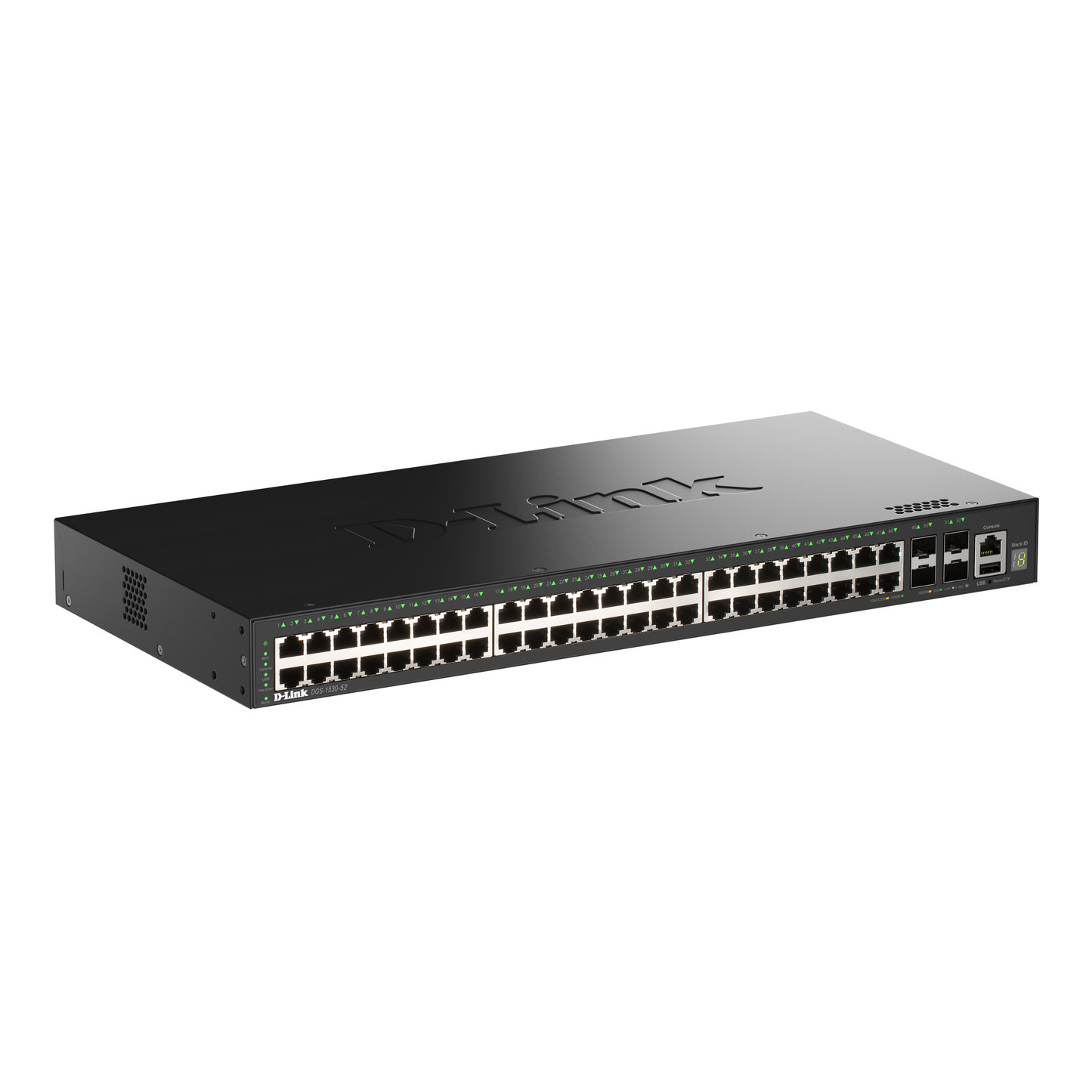 D-Link Network DGS-1530-52 switch with multiple ports on a white background