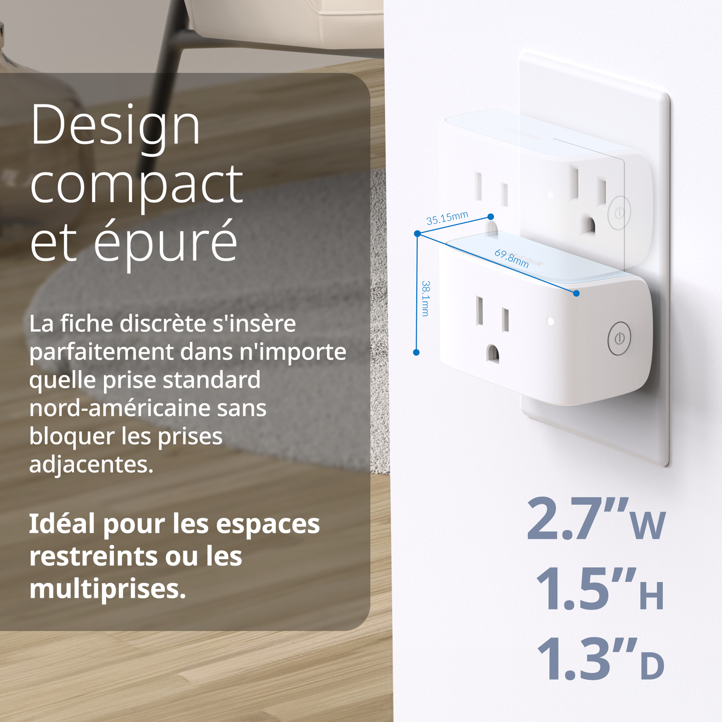 White wall plug with dimensions and text about its design and features.