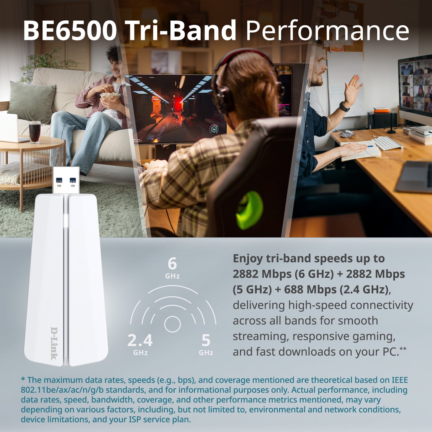 D-Link BE6500 Tri-Band Wi-Fi 7 Wireless USB 3.0 Adapter (AE65U) for Desktop or Laptop PC