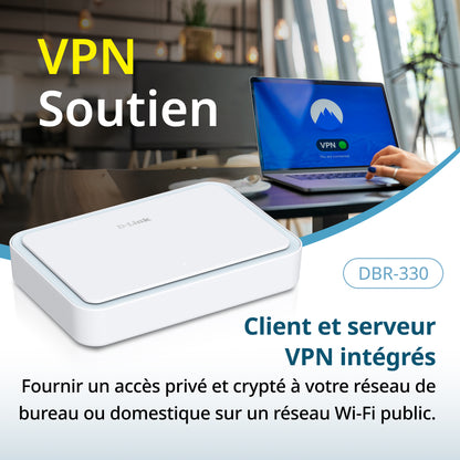 Routeur de voyage VPN portable D-Link AX3000 Wi-Fi 6 (DBR-330), Multi-WAN, sécurité de calibre professionnel, VPN, pare-feu SPI, partage de fichiers, point d’accès WiFi compact pour partage de WiFi public, travail à distance, VR et hôtel.