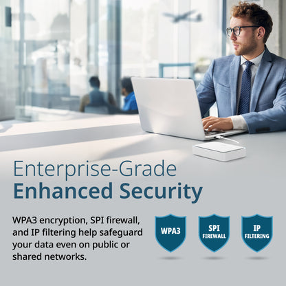 Routeur de voyage VPN portable D-Link AX3000 Wi-Fi 6 (DBR-330), Multi-WAN, sécurité de calibre professionnel, VPN, pare-feu SPI, partage de fichiers, point d’accès WiFi compact pour partage de WiFi public, travail à distance, VR et hôtel.