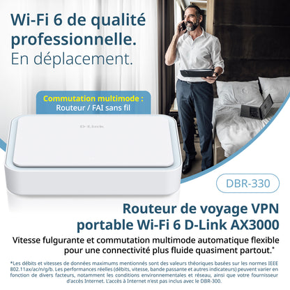 Routeur de voyage VPN portable D-Link AX3000 Wi-Fi 6 (DBR-330), Multi-WAN, sécurité de calibre professionnel, VPN, pare-feu SPI, partage de fichiers, point d’accès WiFi compact pour partage de WiFi public, travail à distance, VR et hôtel.