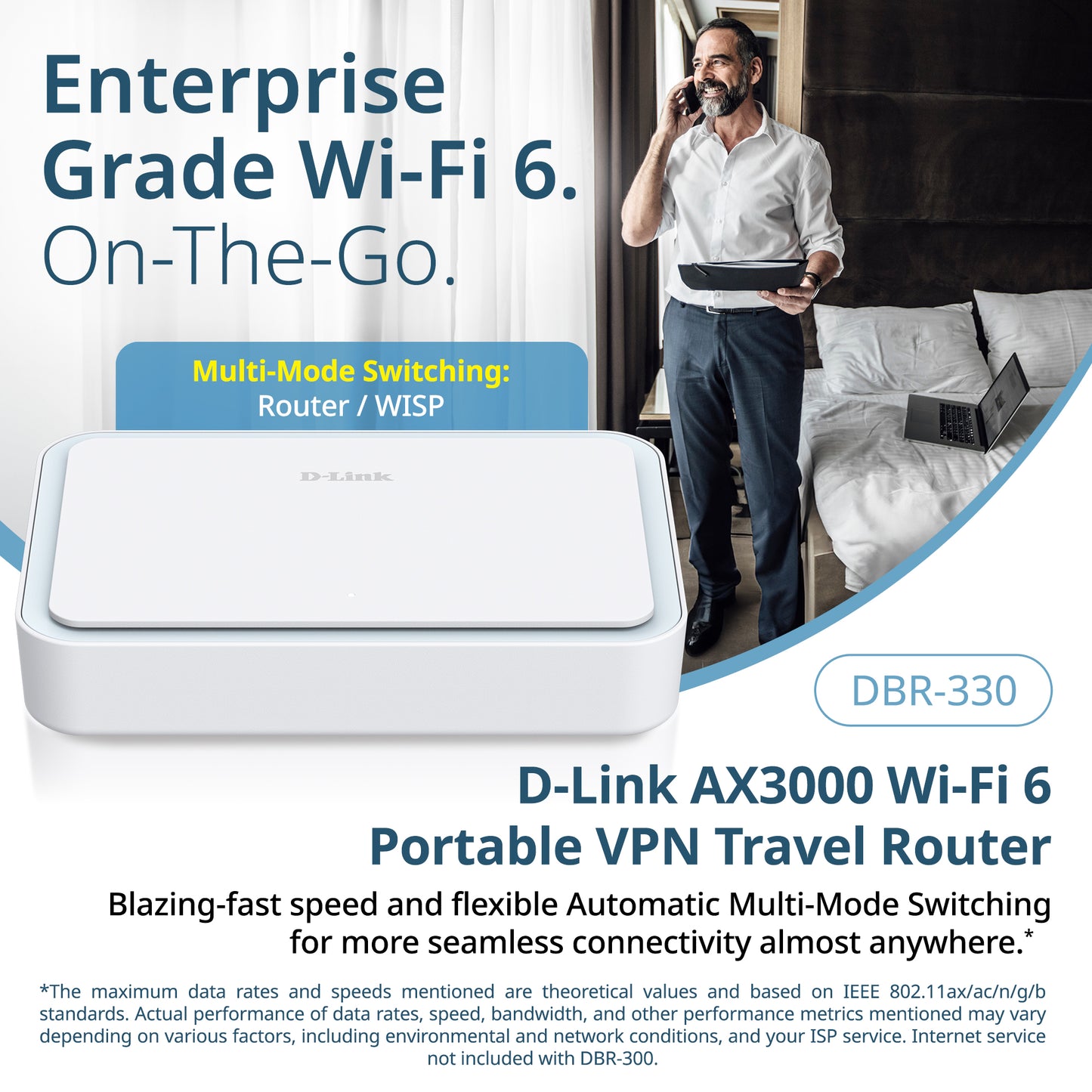 Routeur de voyage VPN portable D-Link AX3000 Wi-Fi 6 (DBR-330), Multi-WAN, sécurité de calibre professionnel, VPN, pare-feu SPI, partage de fichiers, point d’accès WiFi compact pour partage de WiFi public, travail à distance, VR et hôtel.