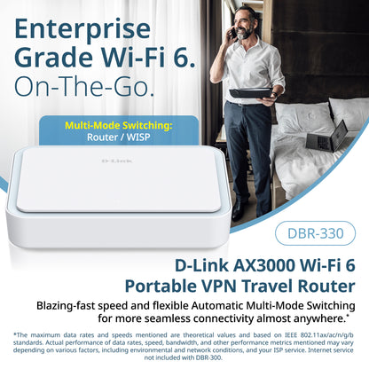 Routeur de voyage VPN portable D-Link AX3000 Wi-Fi 6 (DBR-330), Multi-WAN, sécurité de calibre professionnel, VPN, pare-feu SPI, partage de fichiers, point d’accès WiFi compact pour partage de WiFi public, travail à distance, VR et hôtel.