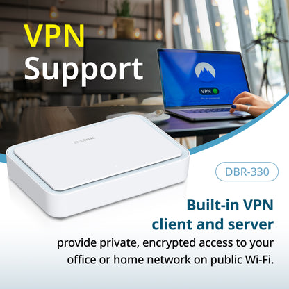 Routeur de voyage VPN portable D-Link AX3000 Wi-Fi 6 (DBR-330), Multi-WAN, sécurité de calibre professionnel, VPN, pare-feu SPI, partage de fichiers, point d’accès WiFi compact pour partage de WiFi public, travail à distance, VR et hôtel.