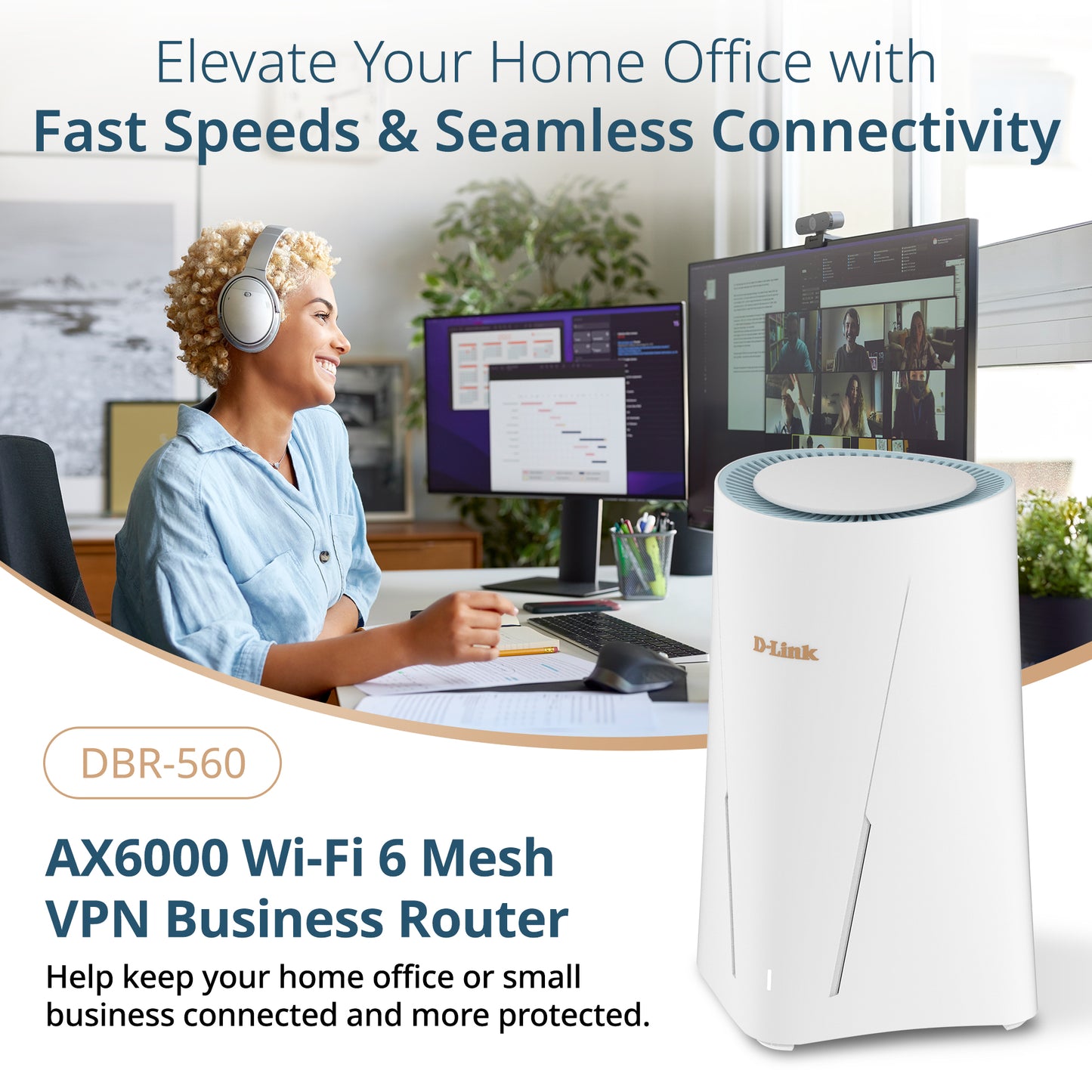 D-Link AX6000 Wi-Fi 6 Mesh VPN Business Router (DBR-560), 2.5 Gbps WAN, Enterprise-Grade Security Features, VPN, SPI Firewall, Mesh Expandable, USB-C File Sharing, Hybrid or Remote Work ready