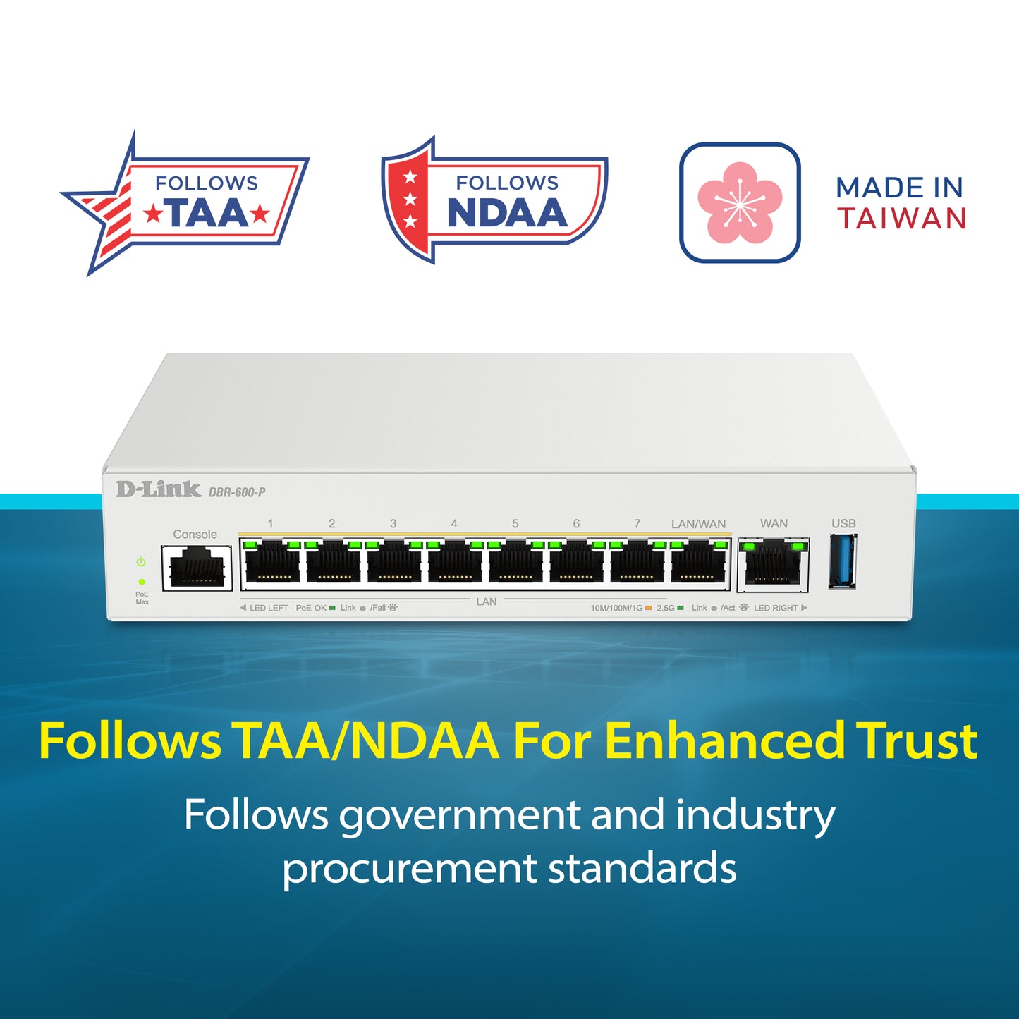 D-Link Guardian 600 PoE Multi-Gig Router (DBR-600-P) Premium Router with Multi-WAN Failover, SPI Firewall, 8x 2.5GbE PoE+ LAN, VPN, and Access Point Management (up to 10 APs)