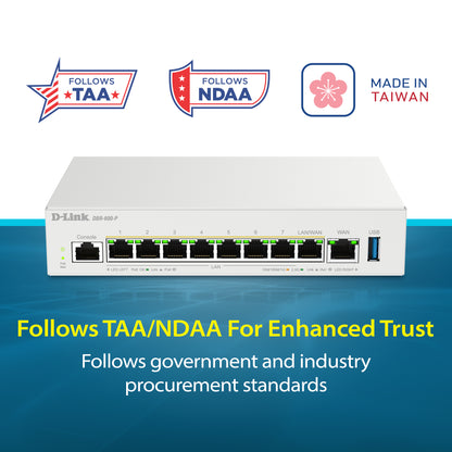 D-Link Guardian 600 PoE Multi-Gig Router (DBR-600-P) Premium Router with Multi-WAN Failover, SPI Firewall, 8x 2.5GbE PoE+ LAN, VPN, and Access Point Management (up to 10 APs)