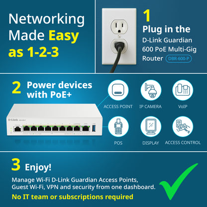 D-Link Guardian 600 PoE Multi-Gig Router (DBR-600-P) Premium Router with Multi-WAN Failover, SPI Firewall, 8x 2.5GbE PoE+ LAN, VPN, and Access Point Management (up to 10 APs)