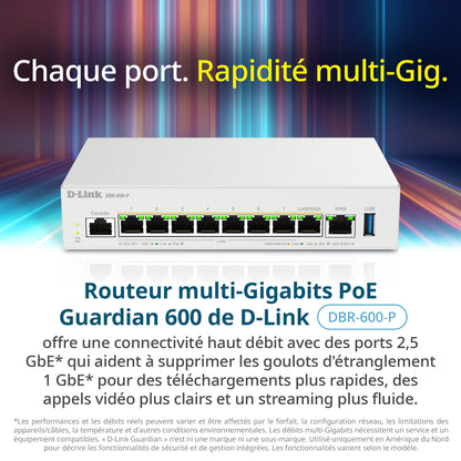 D-Link Guardian 600 PoE Multi-Gig Router (DBR-600-P) Premium Router with Multi-WAN Failover, SPI Firewall, 8x 2.5GbE PoE+ LAN, VPN, and Access Point Management (up to 10 APs)