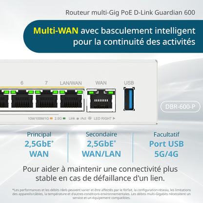 D-Link Guardian 600 PoE Multi-Gig Router (DBR-600-P) Premium Router with Multi-WAN Failover, SPI Firewall, 8x 2.5GbE PoE+ LAN, VPN, and Access Point Management (up to 10 APs)