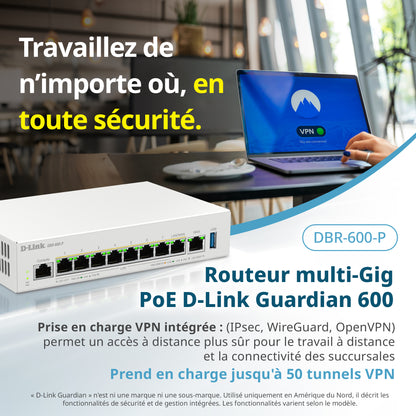 D-Link Guardian 600 PoE Multi-Gig Router (DBR-600-P) Premium Router with Multi-WAN Failover, SPI Firewall, 8x 2.5GbE PoE+ LAN, VPN, and Access Point Management (up to 10 APs)