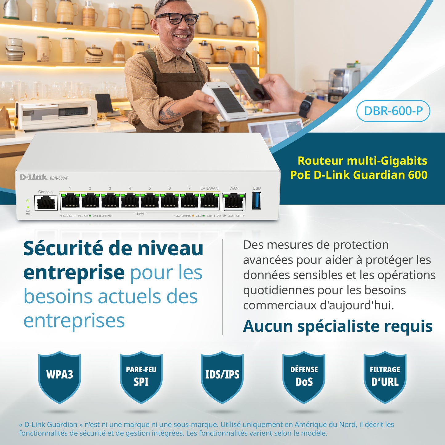 D-Link Guardian 600 PoE Multi-Gig Router (DBR-600-P) Premium Router with Multi-WAN Failover, SPI Firewall, 8x 2.5GbE PoE+ LAN, VPN, and Access Point Management (up to 10 APs)