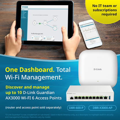 D-Link Guardian 600 PoE Multi-Gig Router (DBR-600-P) Premium Router with Multi-WAN Failover, SPI Firewall, 8x 2.5GbE PoE+ LAN, VPN, and Access Point Management (up to 10 APs)