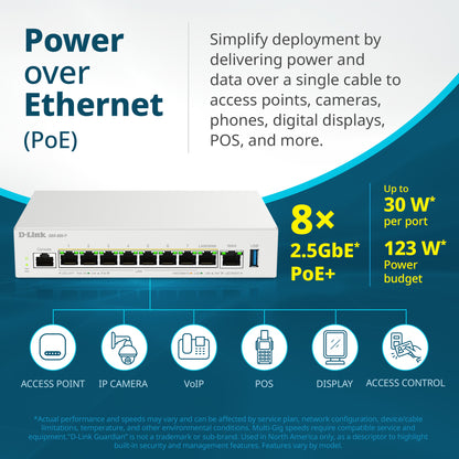 D-Link Guardian 600 PoE Multi-Gig Router (DBR-600-P) Premium Router with Multi-WAN Failover, SPI Firewall, 8x 2.5GbE PoE+ LAN, VPN, and Access Point Management (up to 10 APs)