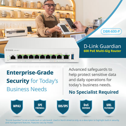 D-Link Guardian 600 PoE Multi-Gig Router (DBR-600-P) Premium Router with Multi-WAN Failover, SPI Firewall, 8x 2.5GbE PoE+ LAN, VPN, and Access Point Management (up to 10 APs)