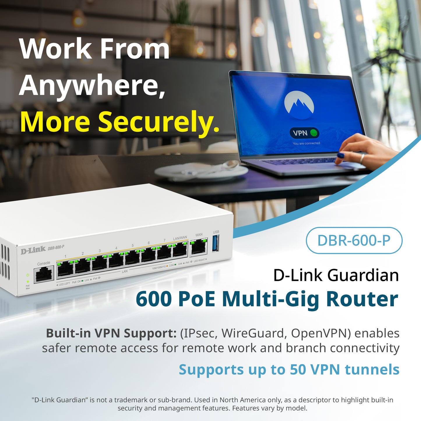 D-Link Guardian 600 PoE Multi-Gig Router (DBR-600-P) Premium Router with Multi-WAN Failover, SPI Firewall, 8x 2.5GbE PoE+ LAN, VPN, and Access Point Management (up to 10 APs)