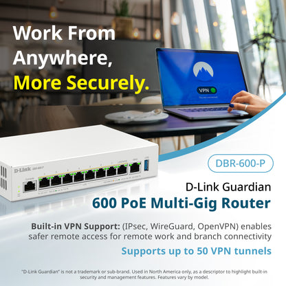 D-Link Guardian 600 PoE Multi-Gig Router (DBR-600-P) Premium Router with Multi-WAN Failover, SPI Firewall, 8x 2.5GbE PoE+ LAN, VPN, and Access Point Management (up to 10 APs)