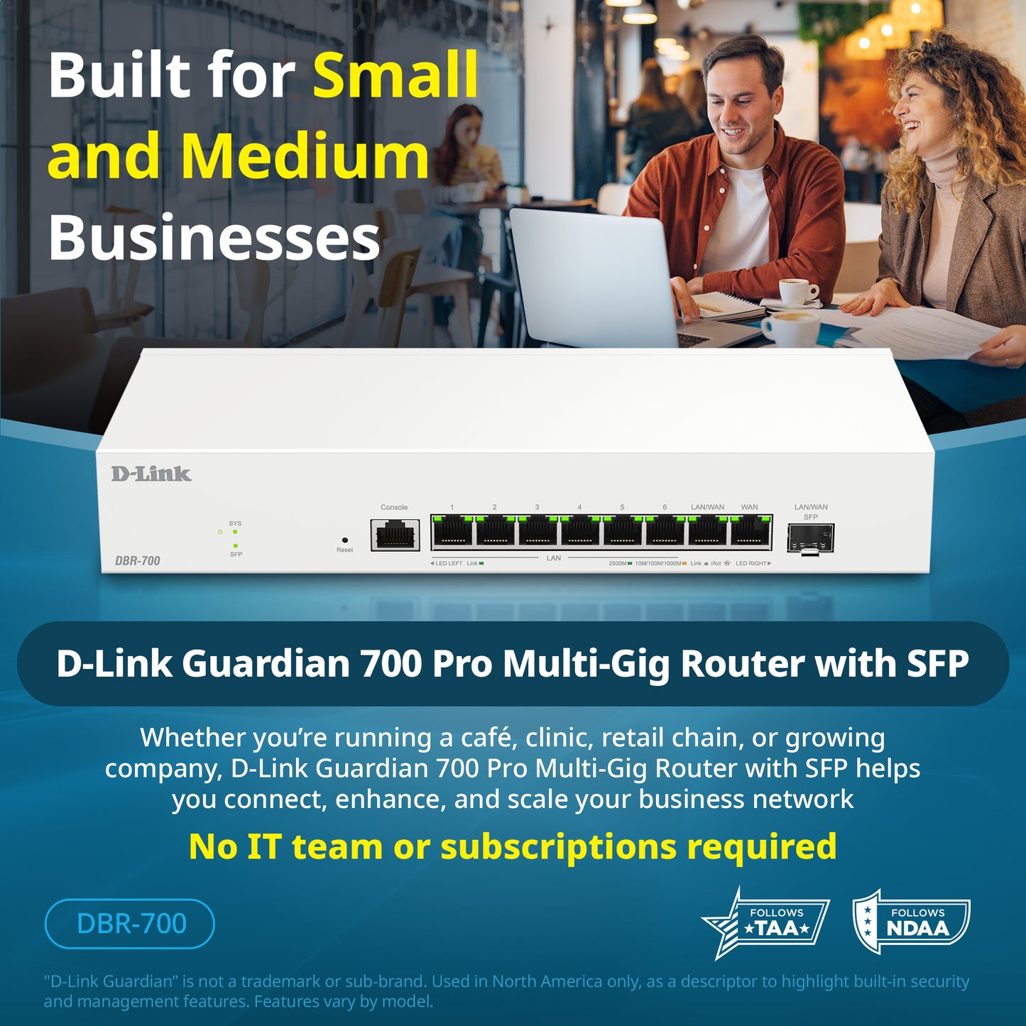 D-Link Guardian 700 Pro Multi-Gig Router with SFP (DBR-700), Premium Router with Multi-WAN Failover, SPI Firewall, 8x 2.5GbE LAN with SFP, VPN, and Centralized Access Point Management (up to 15 APs)
