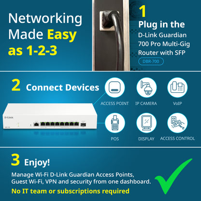D-Link Guardian 700 Pro Multi-Gig Router with SFP (DBR-700), Premium Router with Multi-WAN Failover, SPI Firewall, 8x 2.5GbE LAN with SFP, VPN, and Centralized Access Point Management (up to 15 APs)