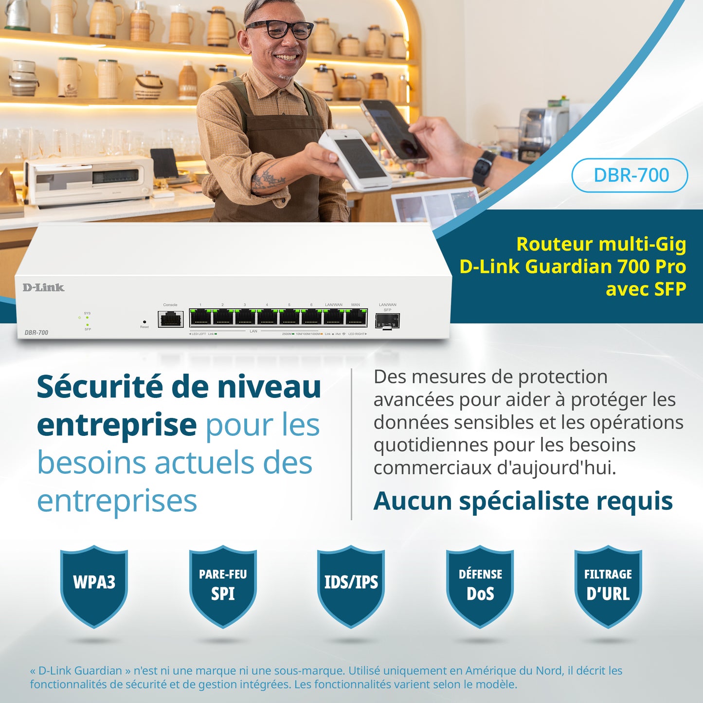 D-Link Guardian 700 Pro Multi-Gig Router with SFP (DBR-700), Premium Router with Multi-WAN Failover, SPI Firewall, 8x 2.5GbE LAN with SFP, VPN, and Centralized Access Point Management (up to 15 APs)