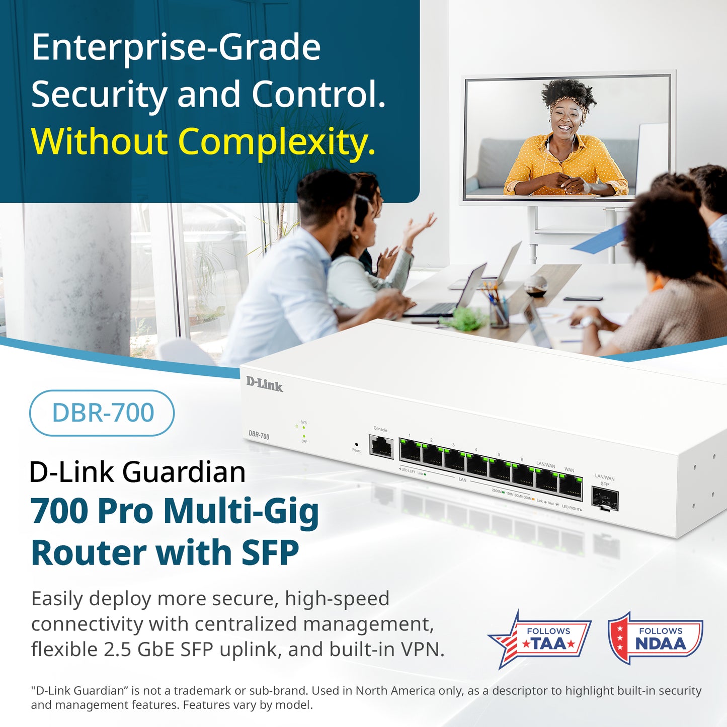 D-Link Guardian 700 Pro Multi-Gig Router with SFP (DBR-700), Premium Router with Multi-WAN Failover, SPI Firewall, 8x 2.5GbE LAN with SFP, VPN, and Centralized Access Point Management (up to 15 APs)