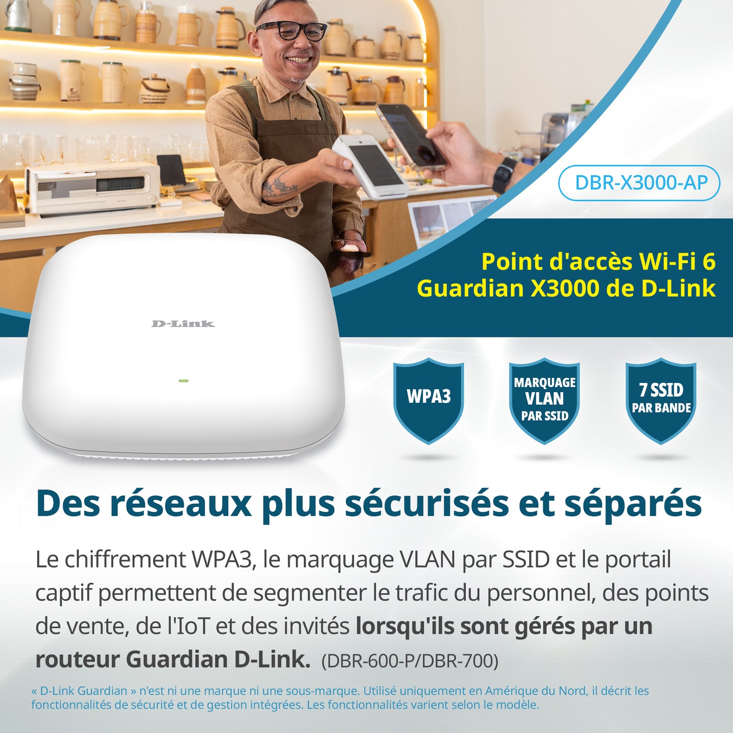 D-Link Guardian X3000 Wi-Fi 6 Access Point (DBR-X3000-AP) Dual-band AX3000 Smart Access Point with WPA3, VLANs, PoE Powered, Guest Wi-Fi, Supports Mesh, Centralized Management by D-Link Guardian Routers