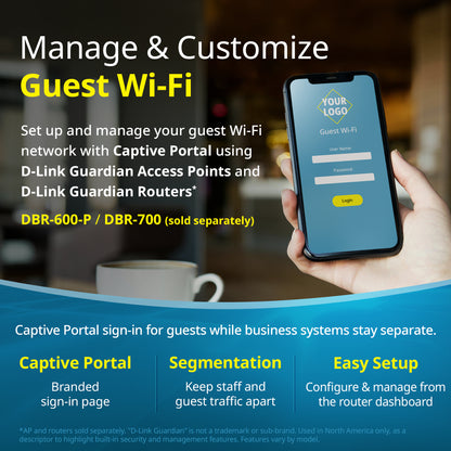 D-Link Guardian 600 PoE Multi-Gig Router (DBR-600-P) Premium Router with Multi-WAN Failover, SPI Firewall, 8x 2.5GbE PoE+ LAN, VPN, and Access Point Management (up to 10 APs)