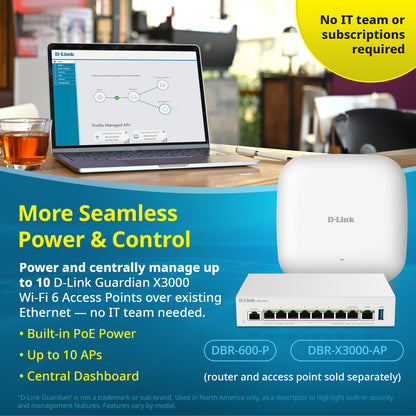 D-Link Guardian 600 PoE Multi-Gig Router (DBR-600-P) Premium Router with Multi-WAN Failover, SPI Firewall, 8x 2.5GbE PoE+ LAN, VPN, and Access Point Management (up to 10 APs)