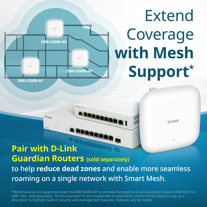 D-Link Guardian X3000 Wi-Fi 6 Access Point (DBR-X3000-AP) Dual-band AX3000 Smart Access Point with WPA3, VLANs, PoE Powered, Guest Wi-Fi, Supports Mesh, Centralized Management by D-Link Guardian Routers