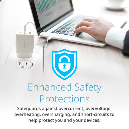 Person using a laptop with enhanced safety protections highlighted on a white background