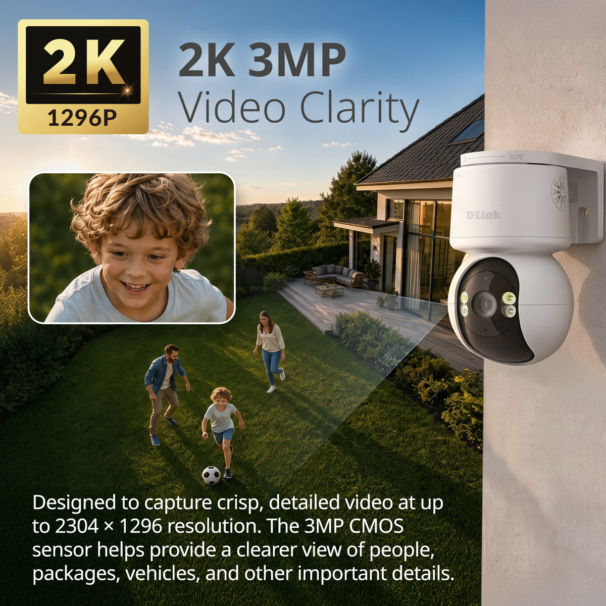 A Dlink outdoor security camera (DCS-6530) shown mounted on a wall beside a house, with marketing text for 2K 3MP video clarity, a 2K inset photo of a child, and a lawn scene demonstrating the camera's wide field of view.