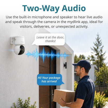 A D-Link smart security camera (DCS-6530) mounted on a white stucco house wall, with text explaining two-way audio and a delivery person standing at the door holding a package. Speech bubbles and a blue soundwave graphic illustrate audio communication.