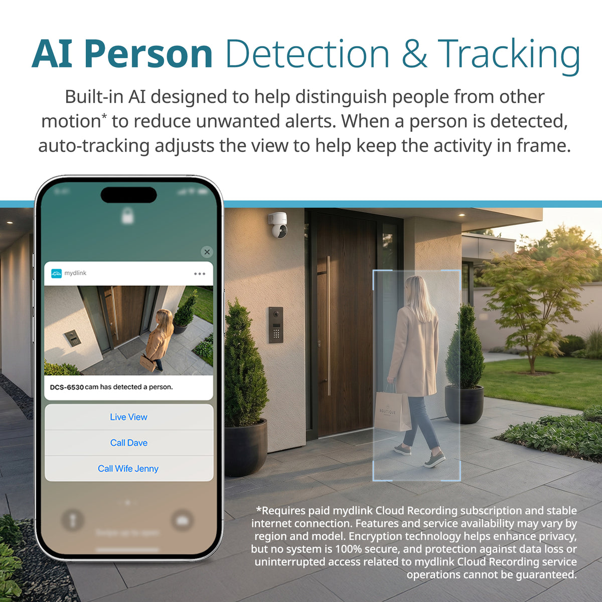 Promotional graphic for D-Link myblink AI Person Detection & Tracking, showing a smartphone app interface on the left and a real-world front porch scene on the right with a person outlined in blue as the detected subject. Text explains the AI's motion-distinguishing capabilities and mentions myblink Cloud Recording subscription.