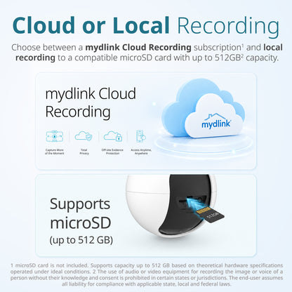 Promotional graphic for mydlink Cloud Recording and local recording options, showing a white and black microSD card reader device, a blue cloud icon with the mydlink logo, and text explaining cloud and local recording with microSD card capacity up to 512 GB.