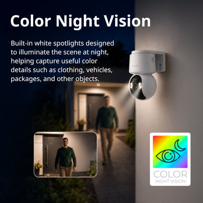 A wall-mounted D-Link security camera (DCS-6530) shown in a dark outdoor scene with built-in white spotlights illuminating a person walking at night. Large text reads 'Color Night Vision,' with a small inset showing the camera in use and a colorful 'Color Night Vision' icon.