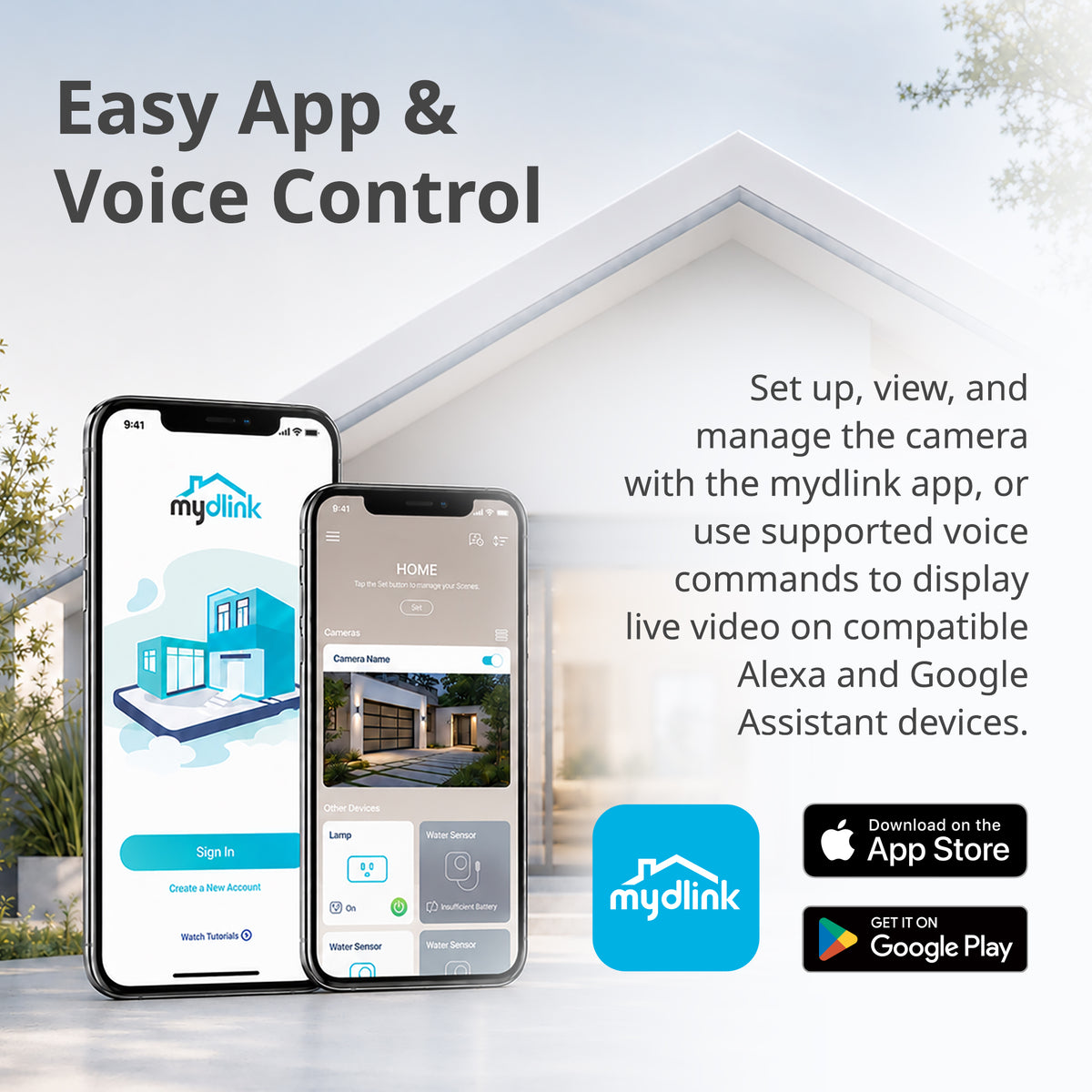 Promotional graphic for the mydlink app showing two smartphones with app screens, a house illustration, and text about voice control and app setup. App Store and Google Play badges are visible at the bottom right.