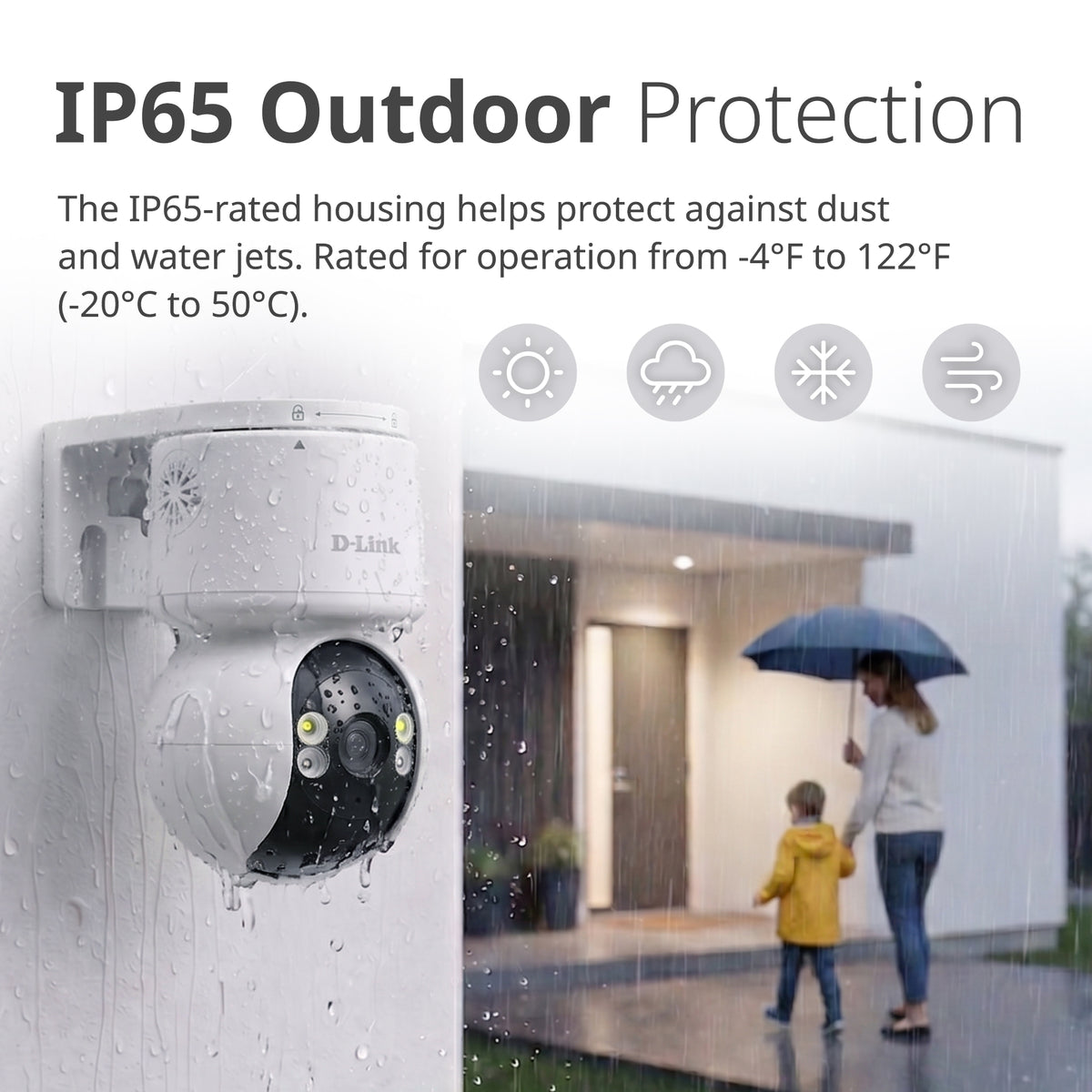 D-Link outdoor security camera (DCS-6530) shown in a rain-slicked white wall setting next to a lifestyle scene of a woman and child walking under an umbrella in the rain, with text highlighting IP65 outdoor protection.