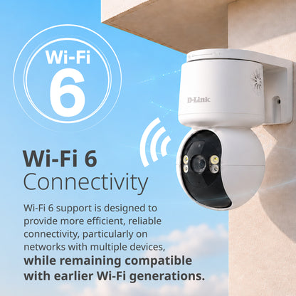 D-Link outdoor security camera (DCS-6530) with Wi-Fi 6 connectivity, mounted on a beige exterior wall under a roof overhang. The left side features a blue sky graphic with text highlighting Wi-Fi 6 support.