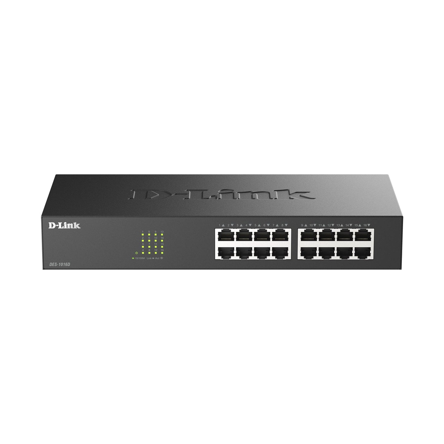 D-Link 16-Port Fast Ethernet Unmanaged Plug and Play Switch (DES-1016D) on white background