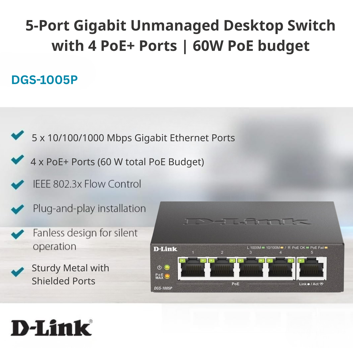 Commutateur Gigabit PoE+ de bureau 5 ports - DGS-1005P