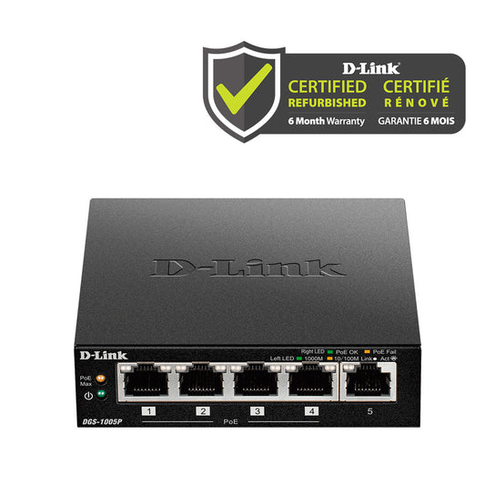 D-Link [Certified Refurbished] 5-Port Desktop Gigabit PoE+ Switch - DGS-1005P/RE by dlink