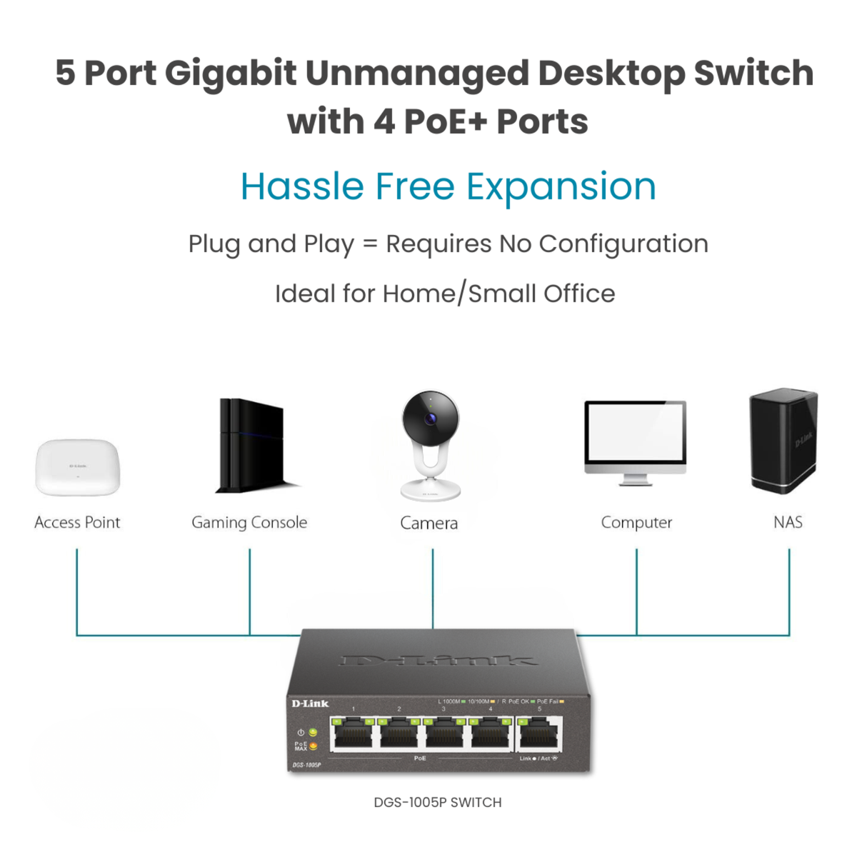 Commutateur Gigabit PoE+ de bureau 5 ports - DGS-1005P