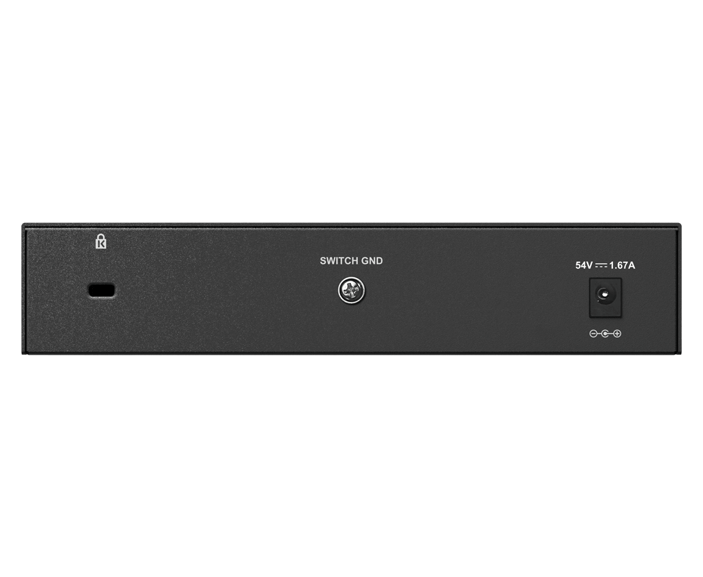 A back photo of a D-Link DGS-1008P PoE switch with white printed labels and symbols, shown from the front against a plain white background. The device features a USB-C port on the left, a central 'SWITCH GND' terminal, and a power input on the right labeled '54V / 1.