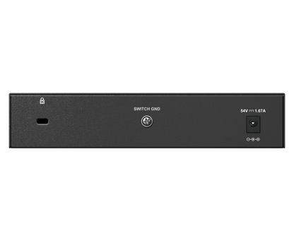 A back photo of a D-Link DGS-1008P PoE switch with white printed labels and symbols, shown from the front against a plain white background. The device features a USB-C port on the left, a central 'SWITCH GND' terminal, and a power input on the right labeled '54V / 1.