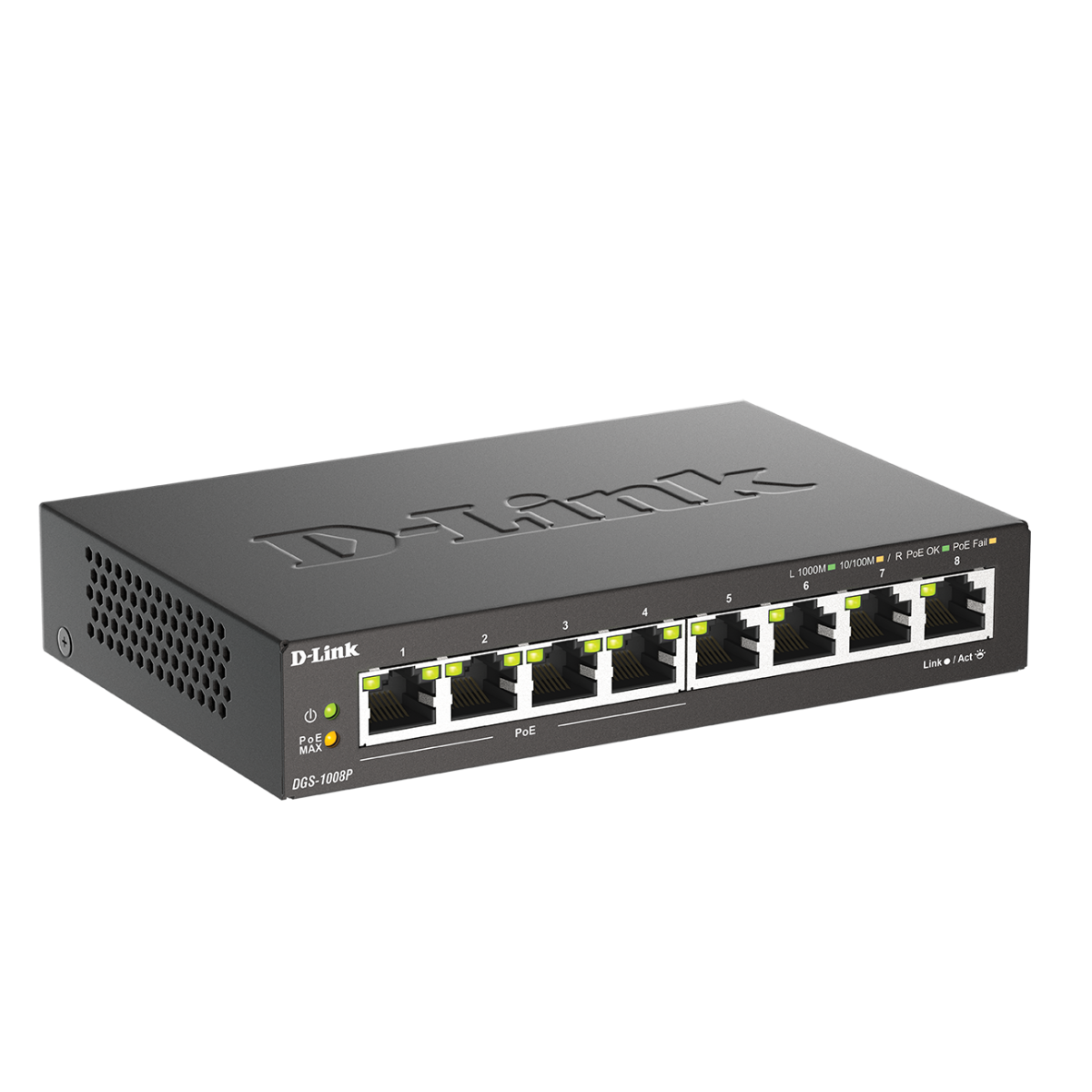 D-Link DGS-1000P 8-port gigabit switch, black metal housing with eight RJ45 ports, shown at a three-quarter angle on a white background.