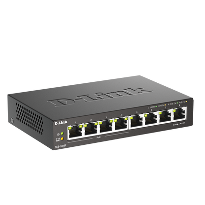 D-Link DGS-1000P 8-port gigabit switch, black metal housing with eight RJ45 ports, shown at a three-quarter angle on a white background.