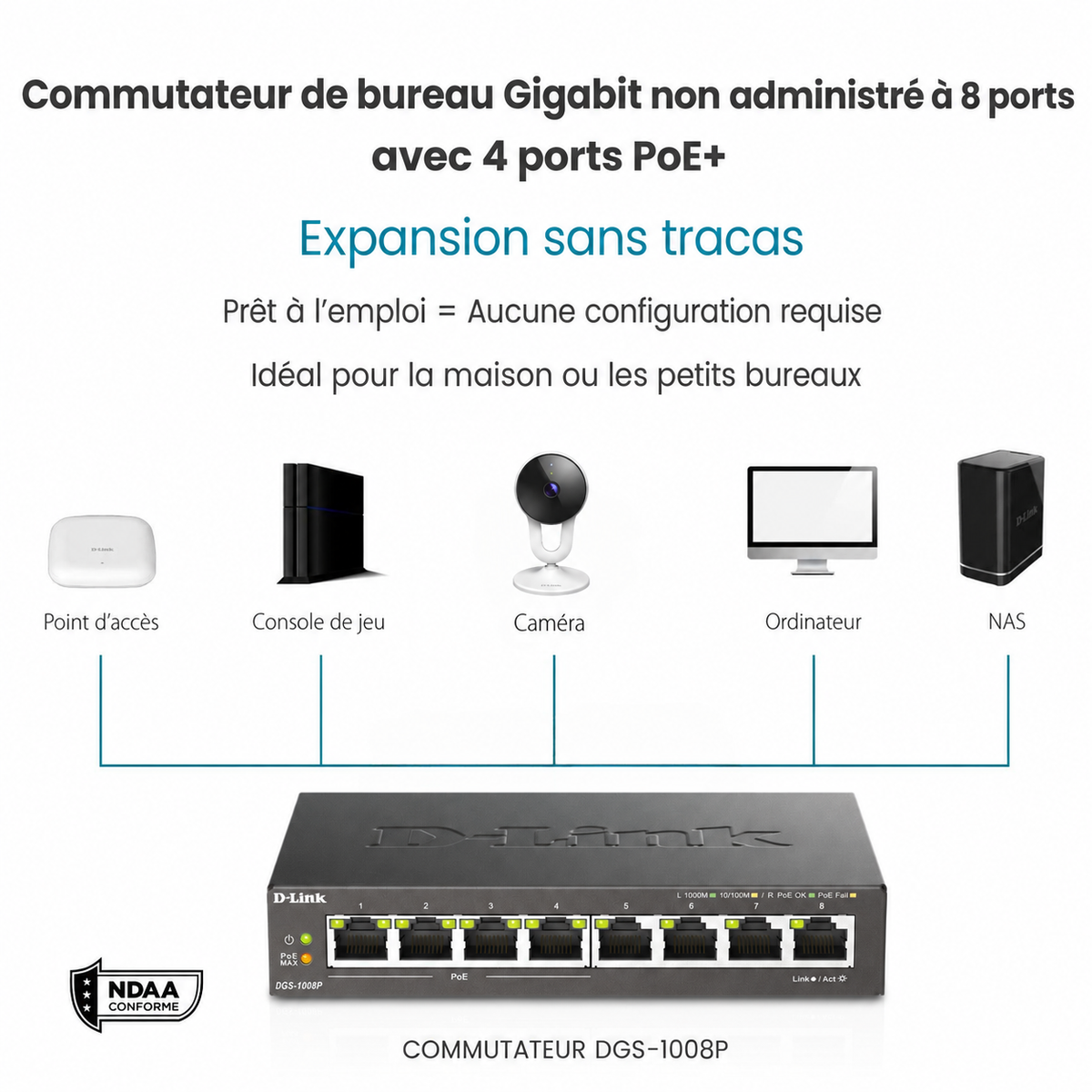 D-Link DGS-1008P unmanaged gigabit office switch with 8 ports and 4 PoE+ ports, shown on a white background with French text and compatibility icons for devices like a router, game console, camera, computer, and NAS.