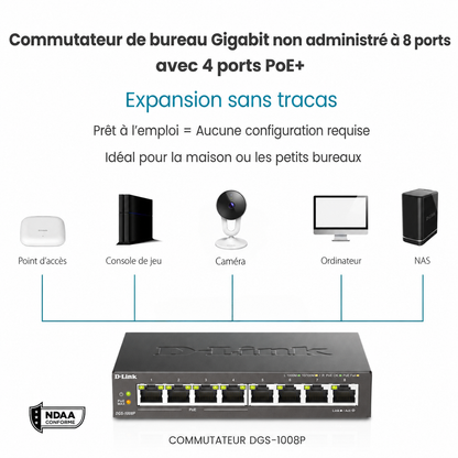 D-Link DGS-1008P unmanaged gigabit office switch with 8 ports and 4 PoE+ ports, shown on a white background with French text and compatibility icons for devices like a router, game console, camera, computer, and NAS.